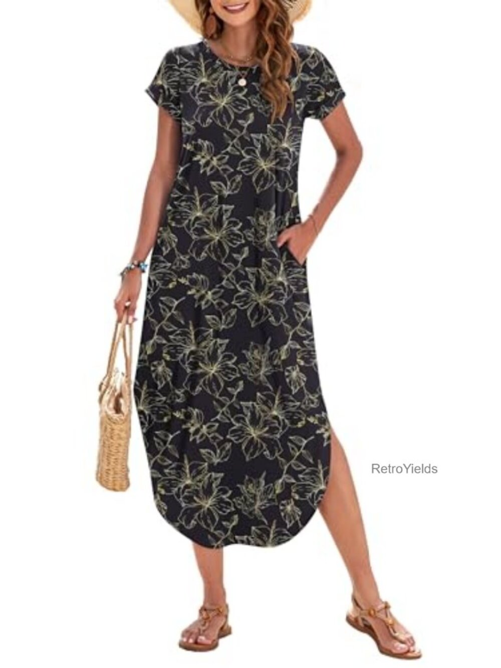 Womens Casual Loose Short Sleeve Summer Maxi Dress with Pockets Polyester